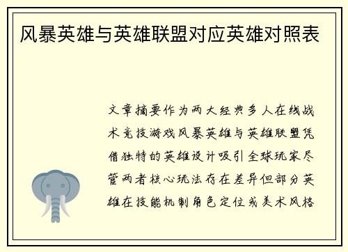 风暴英雄与英雄联盟对应英雄对照表